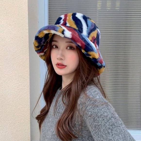 NEW Multi Color Soft Fluffy Plush Faux Fur Adjustable Cozy Fisherman Bucket Hat - Picture 10 of 11